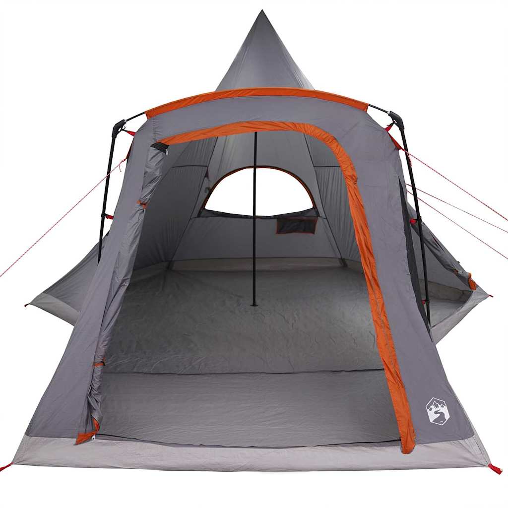 Zijaanzicht van de vidaXL Teepee Tent met grijze en oranje details en open ingang.