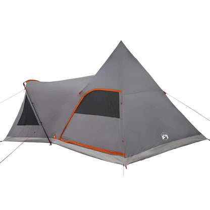 Zijaanzicht van de vidaXL Teepee Tent in grijs met oranje accenten en ventilatieroosters.