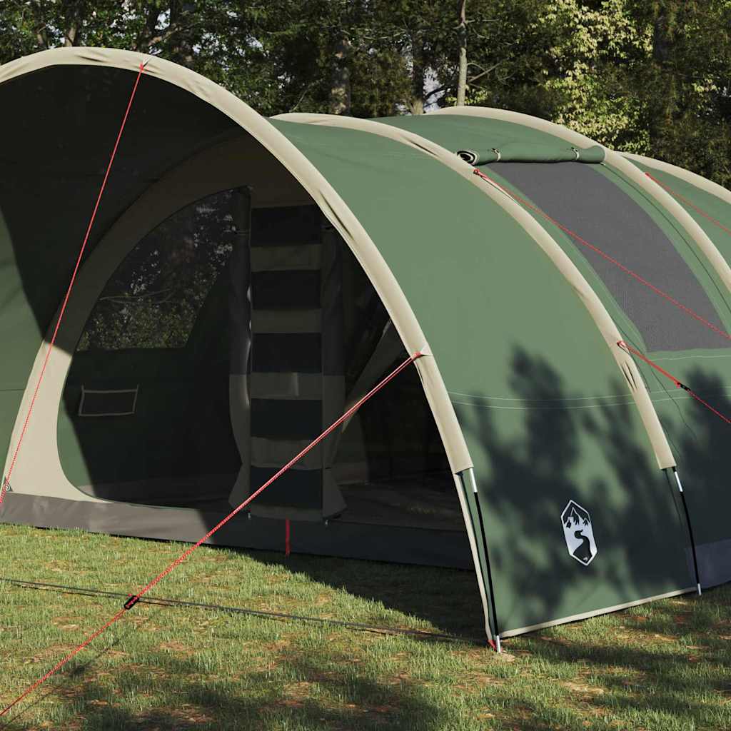 Detail van de groene vidaXL Tunnel Tent met zijaanzicht en ventilatieroosters.