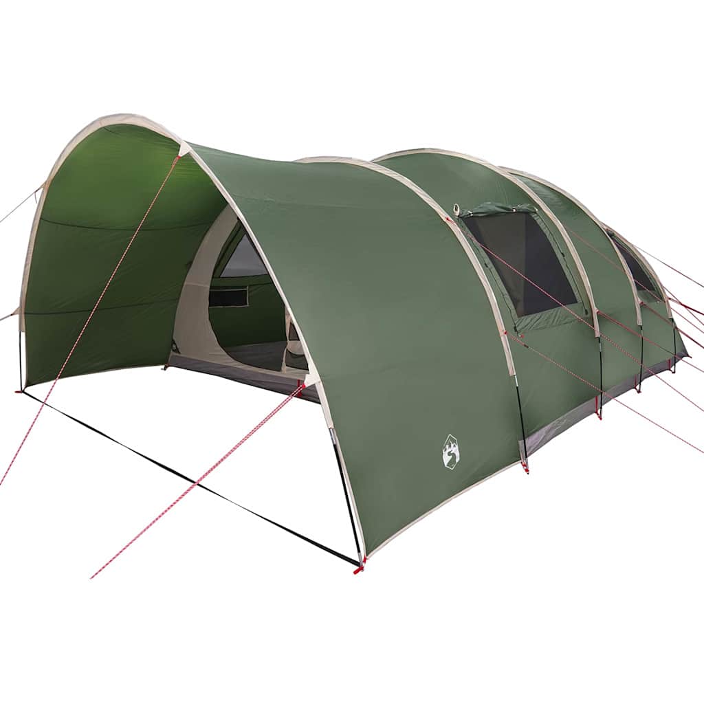 Detail van de vidaXL Tunnel Tent in groen, zijaanzicht met ingangen en opbergvakken.