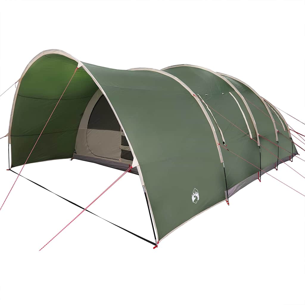 Detail van de vidaXL Tunnel Tent in groen, zijaanzicht met tentstokken en haringen.