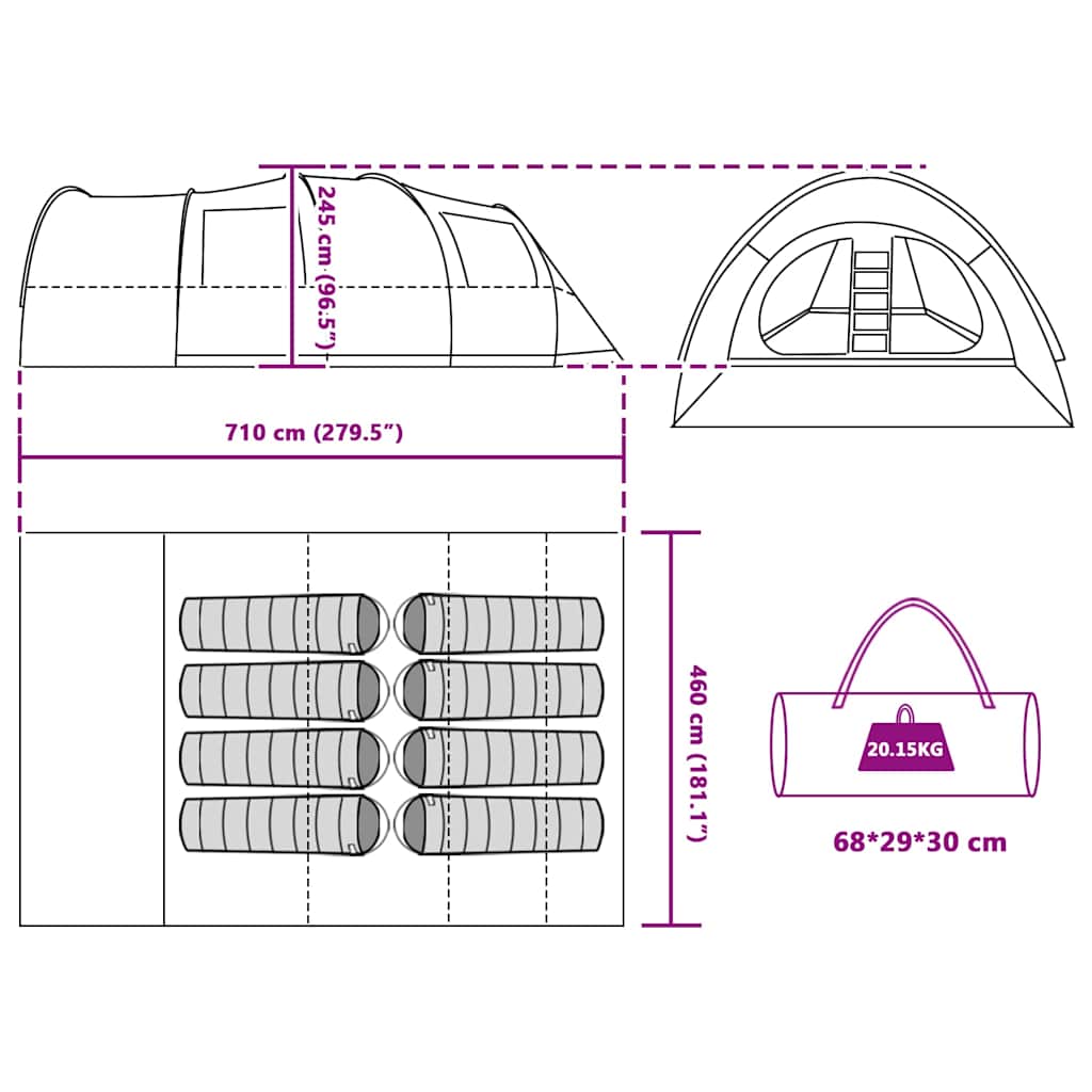 Detailtekening van de vidaXL Tunnel Tent 8-Person met afmetingen en indeling.