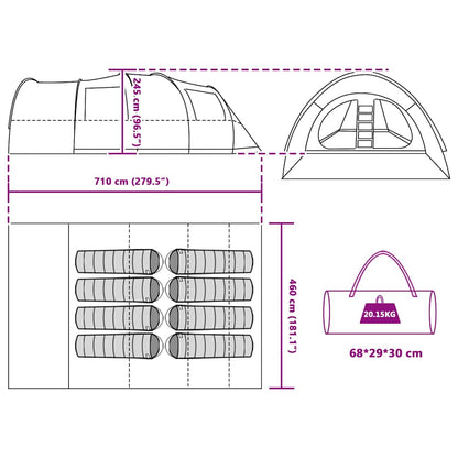 Detailtekening van de vidaXL Tunnel Tent 8-Person met afmetingen en indeling.