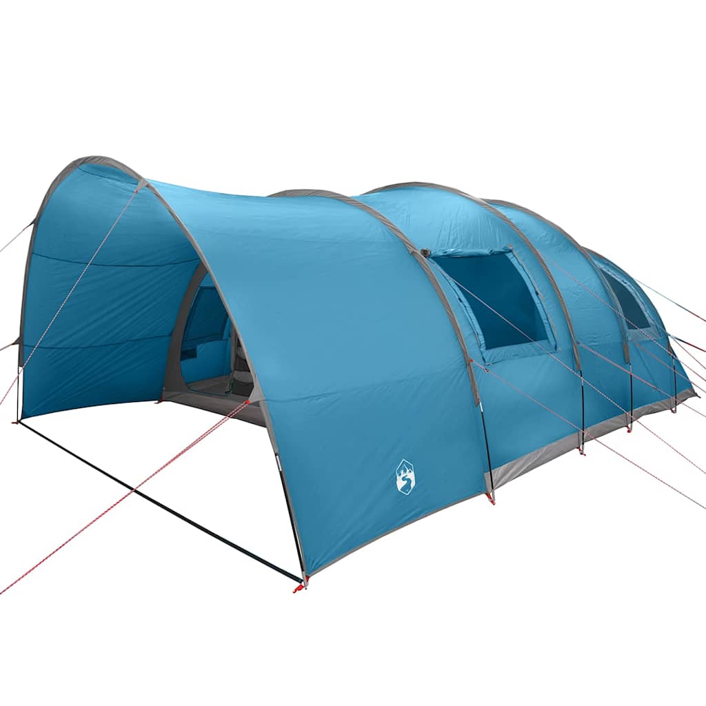 Zijaanzicht van de blauwe vidaXL Tunnel Tent voor 8 personen met meerdere ingangen.