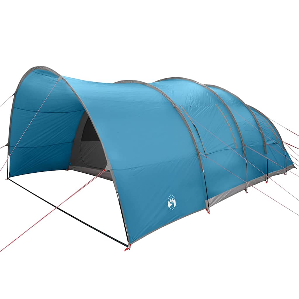 Zijaanzicht van de blauwe vidaXL Tunnel Tent 8-Person met gebogen dak.