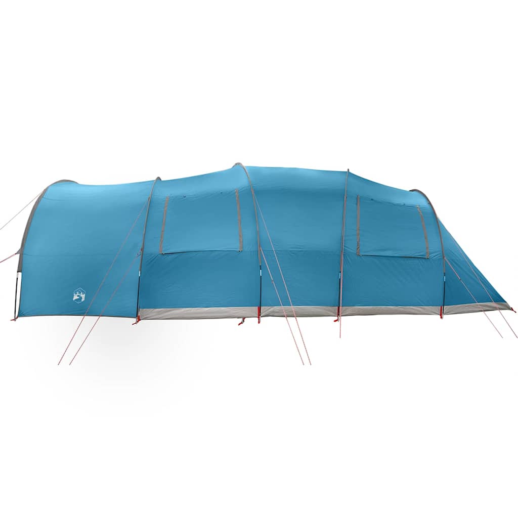 Zijaanzicht van de blauwe vidaXL Tunnel Tent 8-Person met ventilatieroosters.