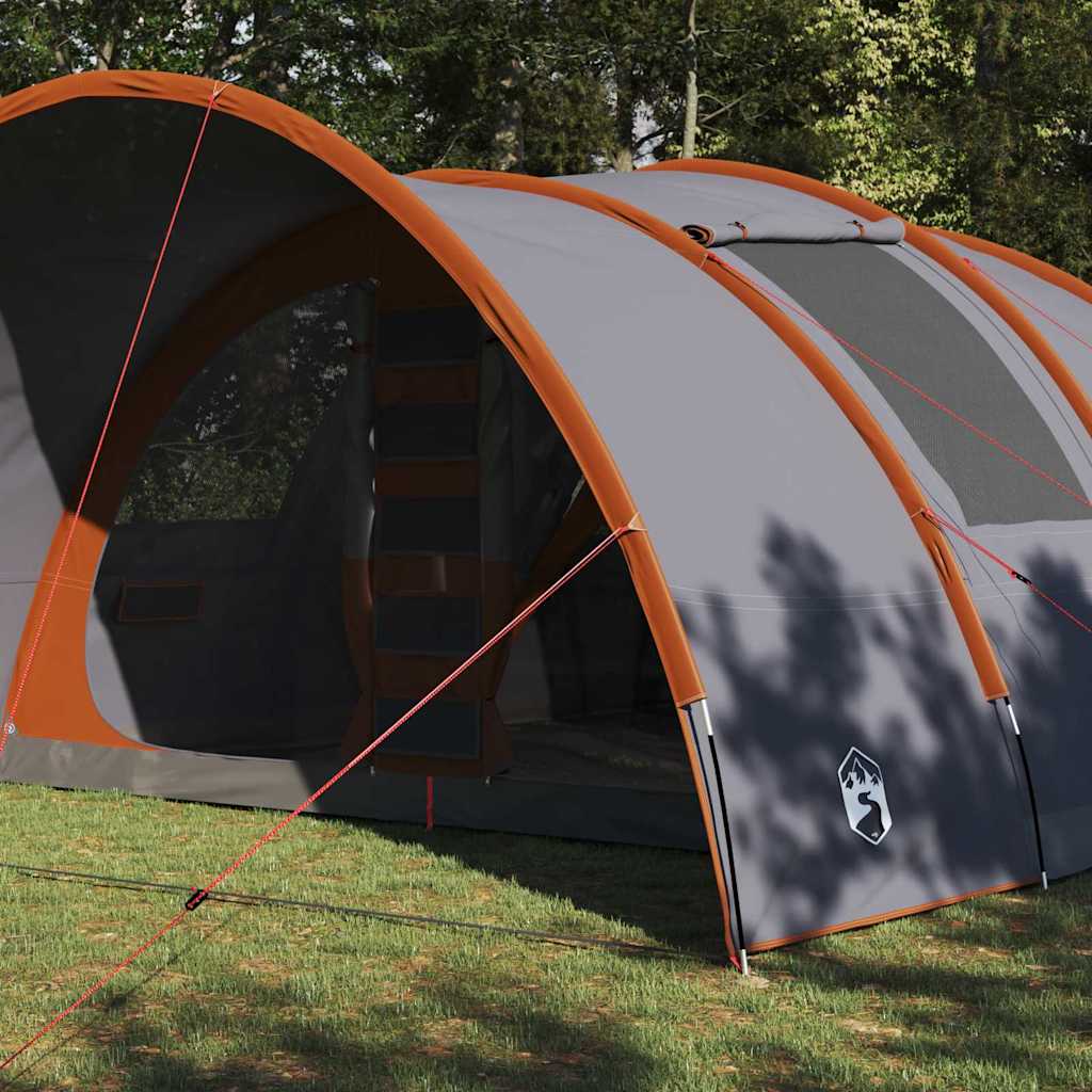 Detail van de grijze vidaXL Tunnel Tent met oranje accenten en zijaanzicht van de ingang.