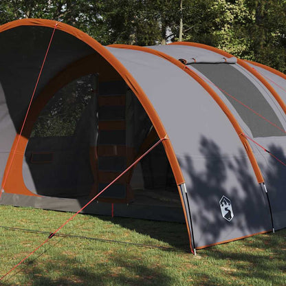 Detail van de grijze vidaXL Tunnel Tent met oranje accenten en zijaanzicht van de ingang.