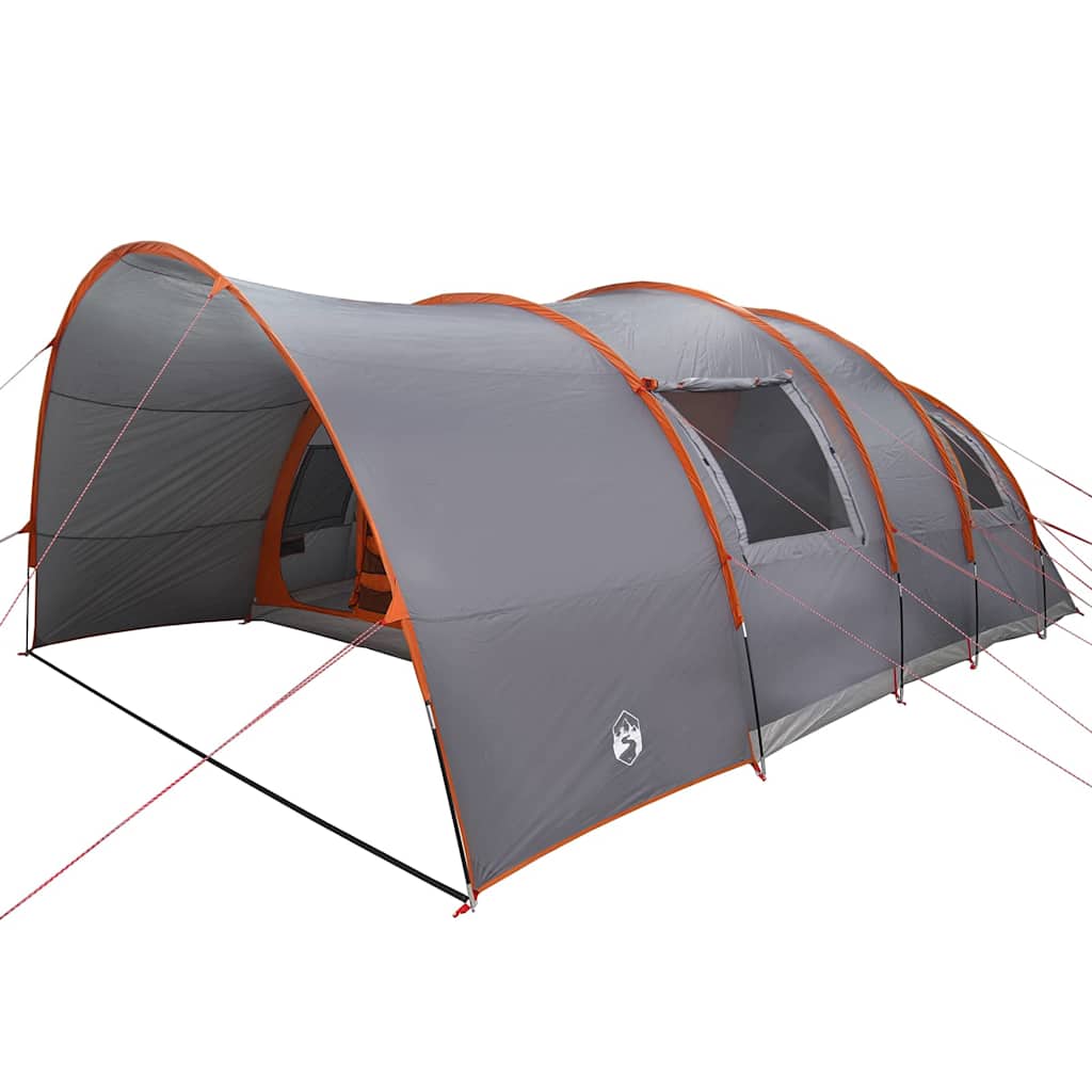 Zijaanzicht van de vidaXL Tunnel Tent in grijs met oranje details en ventilatieroosters.