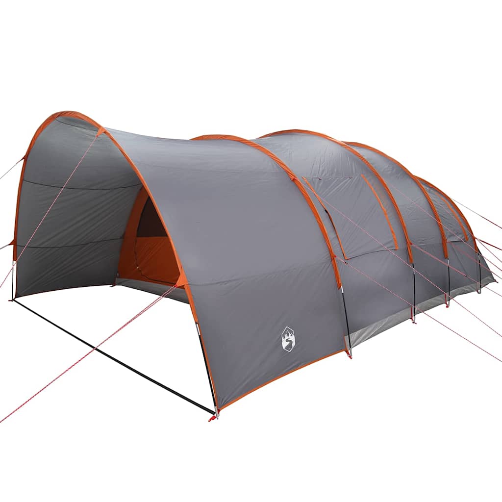 Zijaanzicht van de vidaXL Tunnel Tent in grijs en oranje met stevige bevestigingslijnen.
