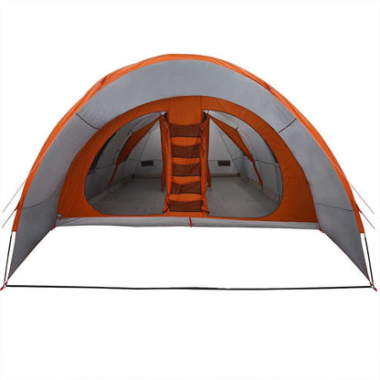 Detail van de vidaXL Tunnel Tent in grijs en oranje, zijaanzicht met ingang en opbergruimte zichtbaar.