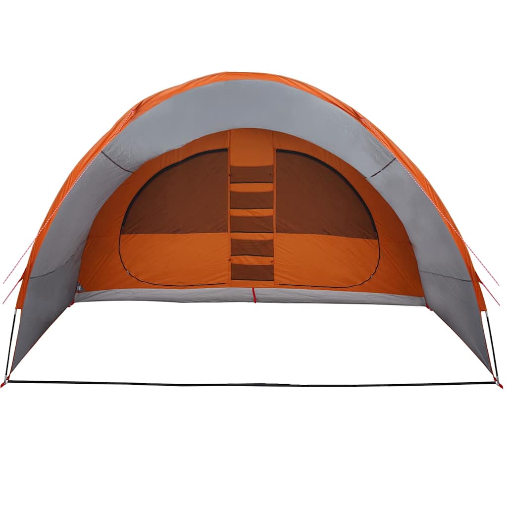 Detail van de vidaXL Tunnel Tent met grijze en oranje kleur en zijaanzicht van de ingang.