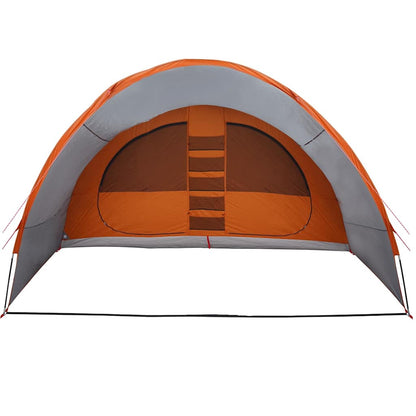 Detail van de vidaXL Tunnel Tent met grijze en oranje kleur en zijaanzicht van de ingang.