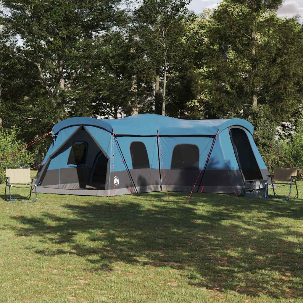 Blauwe vidaXL tent voor 16 personen, ruime familietent met ventilatie in een groene omgeving.
