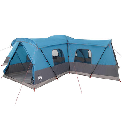 Zijaanzicht van de vidaXL tent voor 16 personen in blauw met grijze accenten.