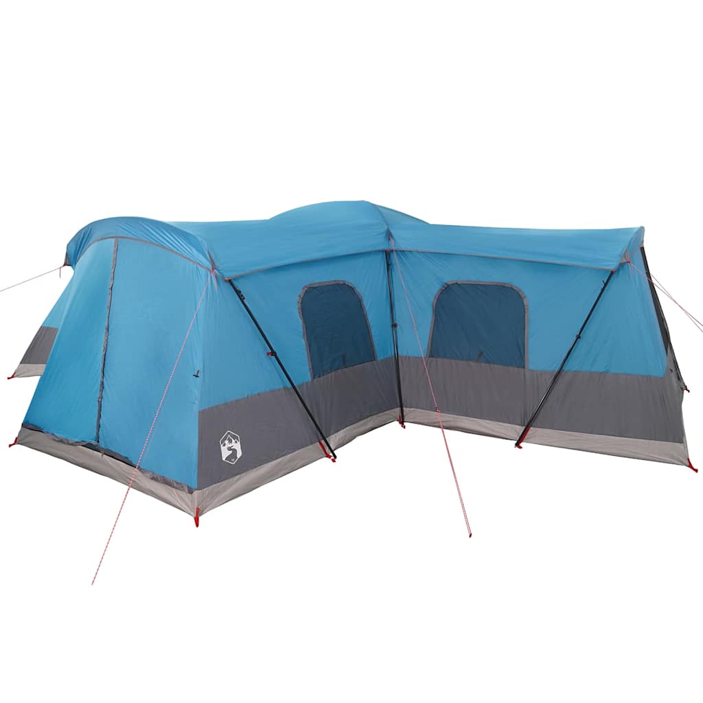 Zijaanzicht van de vidaXL tent voor 16 personen in blauw met grijze accenten.