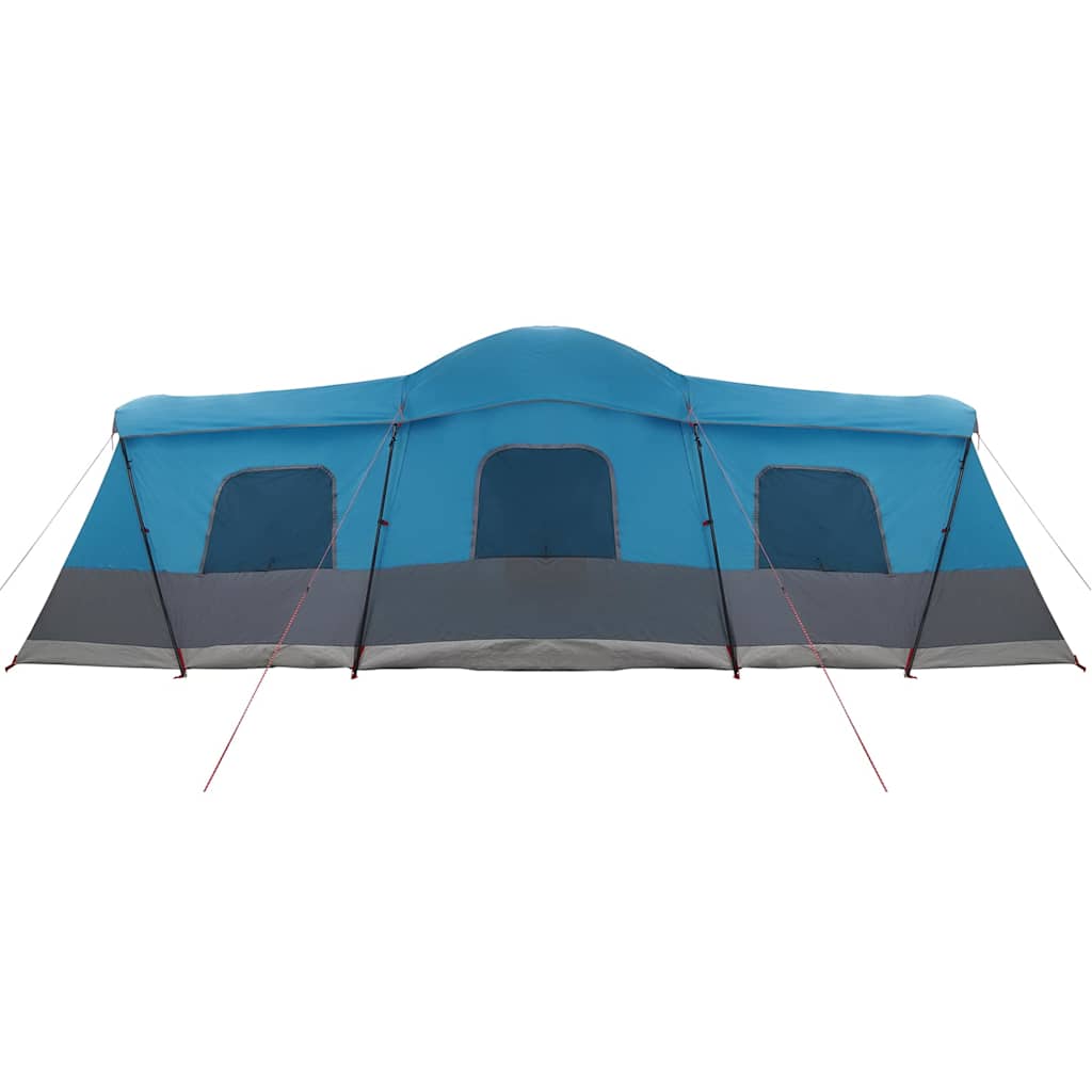 Zijaanzicht van de vidaXL tent voor 16 personen in blauw met meerdere ramen.