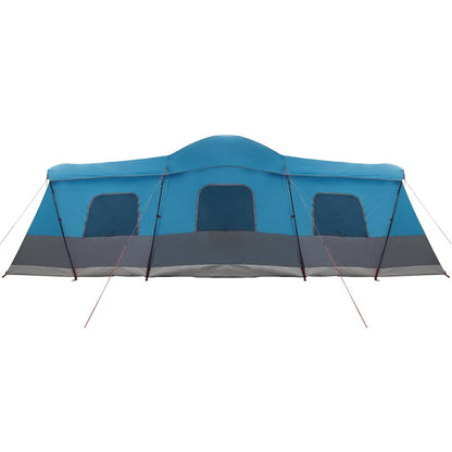 Zijaanzicht van de vidaXL tent voor 16 personen in blauw met meerdere ramen.