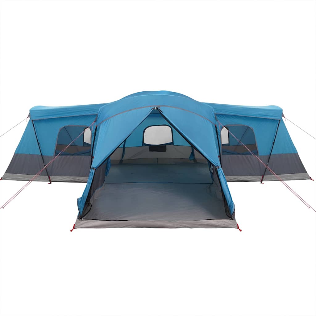 Zijaanzicht van de vidaXL tent voor 16 personen in blauw met ruime ingang en ventilatie.