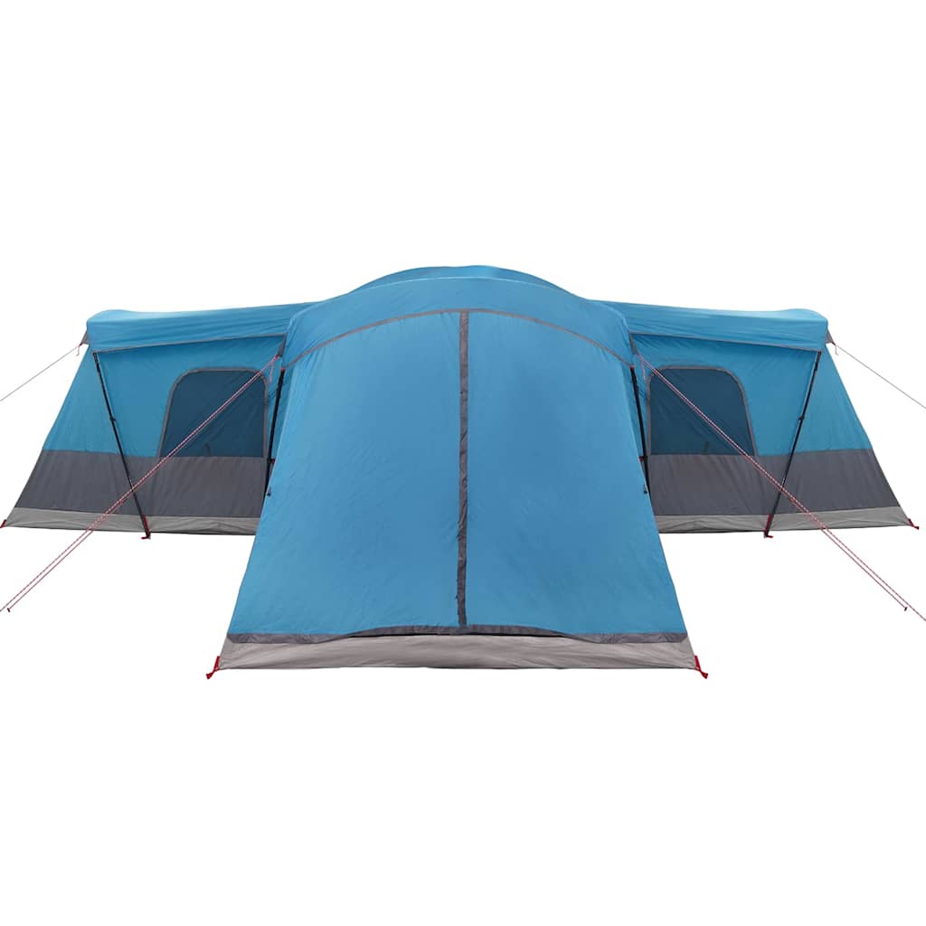Zijaanzicht van de vidaXL tent voor 16 personen in blauw met ventilatieopeningen.