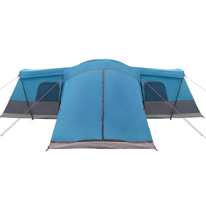 Zijaanzicht van de vidaXL tent voor 16 personen in blauw met ventilatieopeningen.