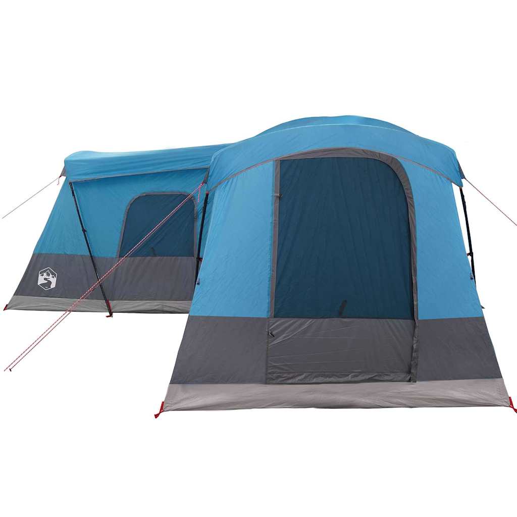 Detail van de blauwe vidaXL tent voor 16 personen met zijaanzicht en ventilatieopening.
