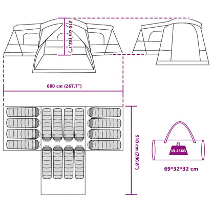 Plattegrond van de vidaXL Tent voor 16 personen met afmetingen en indeling.