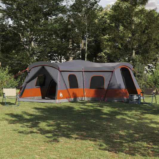 Grijze en oranje vidaXL tent voor 16 personen, ruime opstelling in de natuur.