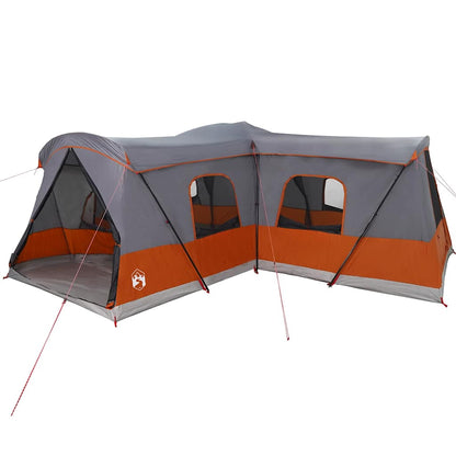 Detail van de vidaXL tent in grijs en oranje met zijramen en ventilatieopeningen.