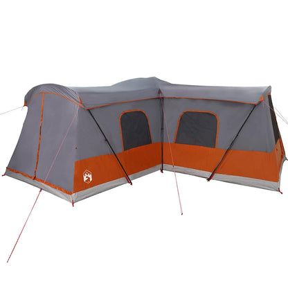 Zijaanzicht van de vidaXL tent voor 16 personen in grijs en oranje met ventilatieopeningen.