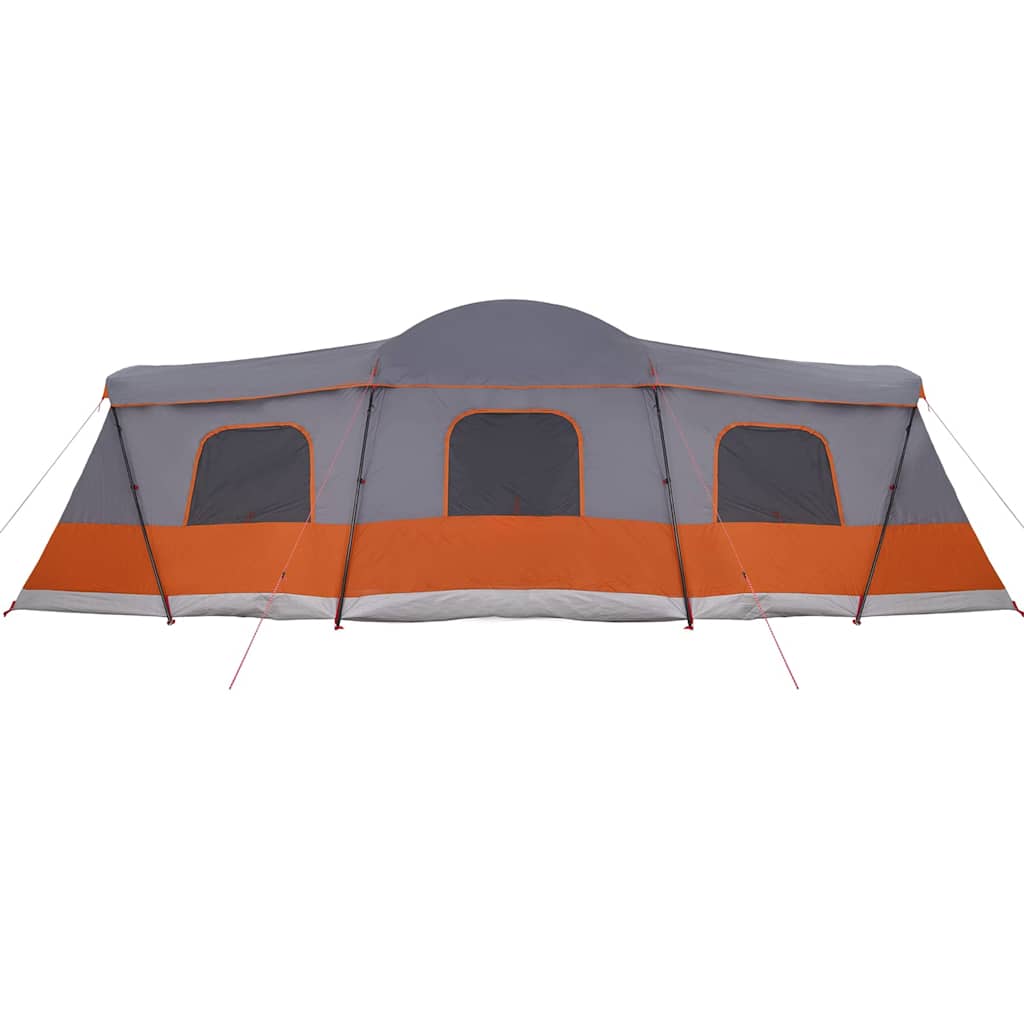 Detail van de grijs-oranje vidaXL tent met meerdere ramen en een stevige constructie.