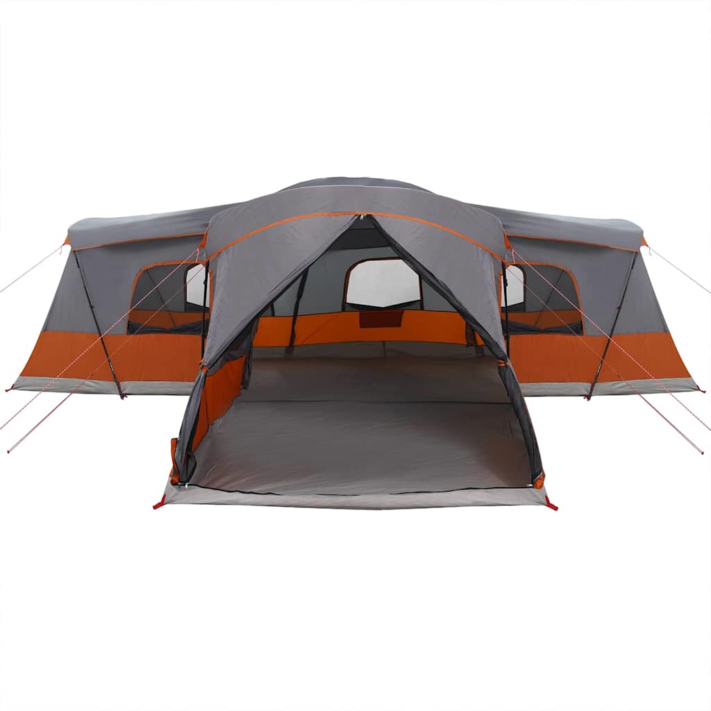 Detail van de vidaXL tent voor 16 personen, grijs met oranje accenten en ruime ingang.