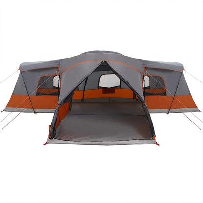 Detail van de vidaXL tent voor 16 personen, grijs met oranje accenten en ruime ingang.