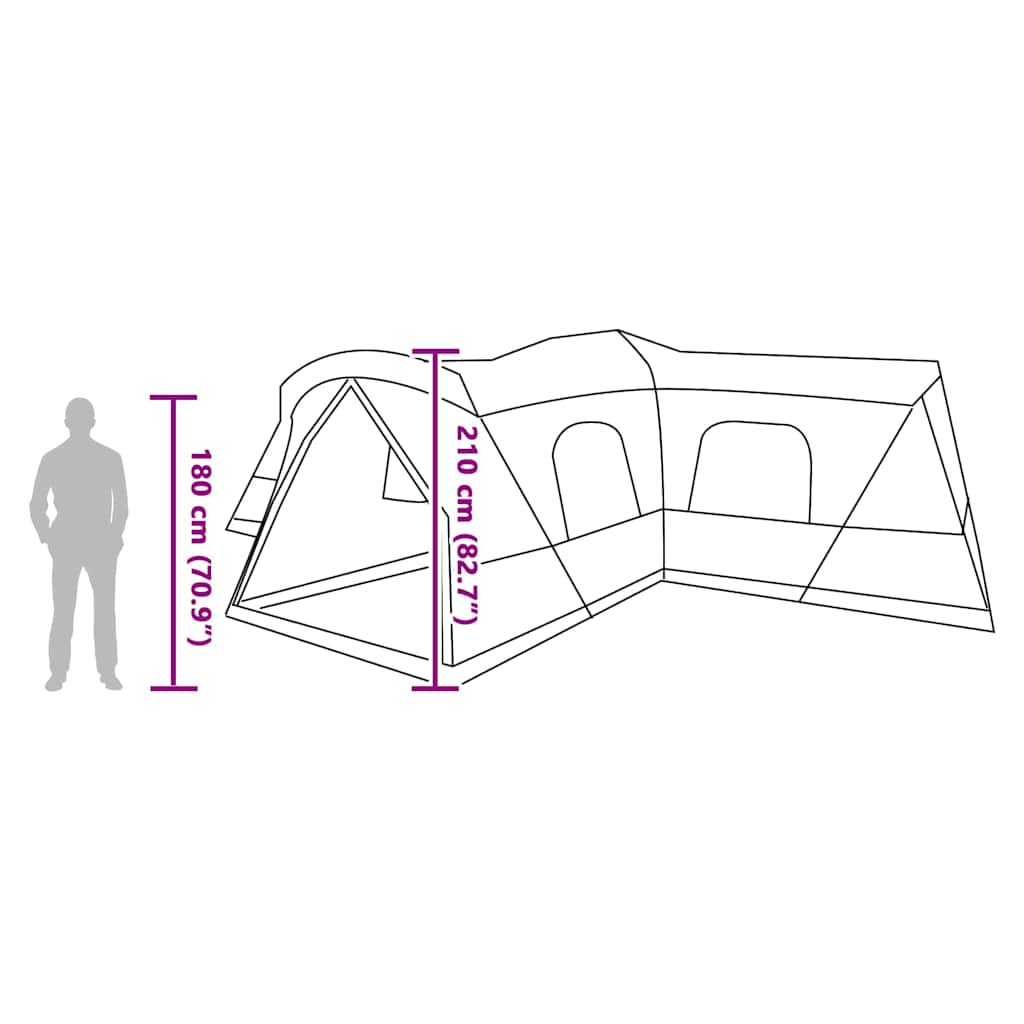 Detail van de tent vidaXL voor 16 personen, zijaanzicht met afmetingen en hoogte.