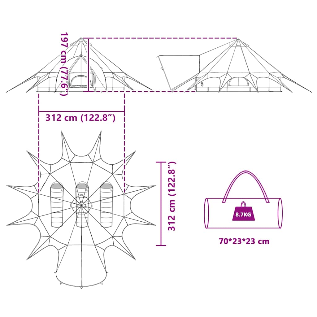 Detailweergave van de afmetingen en ontwerptekeningen van de vidaXL Teepee Tent 3-Person.