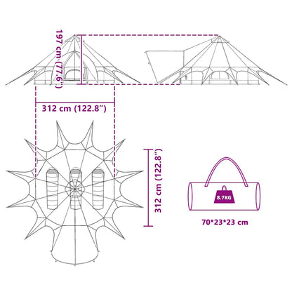 Detailweergave van de afmetingen en ontwerptekeningen van de vidaXL Teepee Tent 3-Person.
