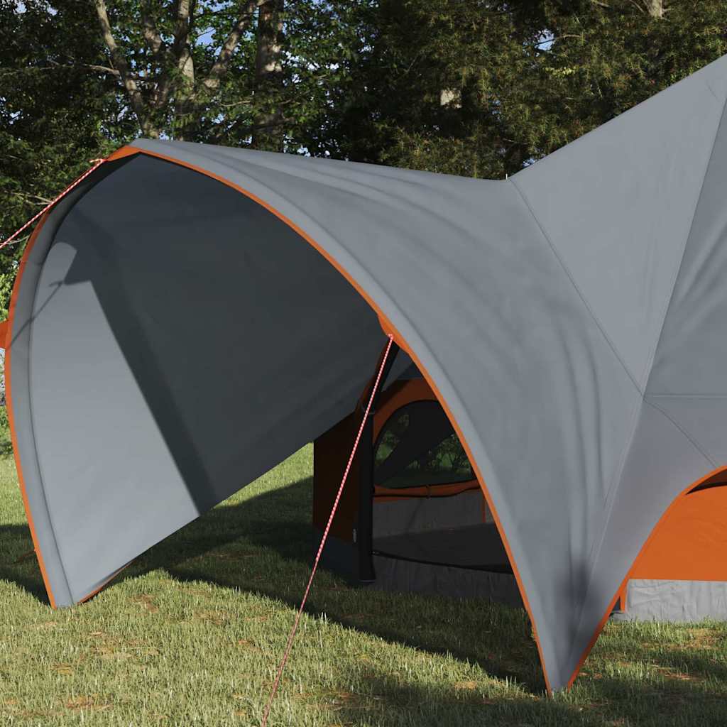 Detail van het grijze en oranje dak van de vidaXL Teepee Tent, met een ruime opening.