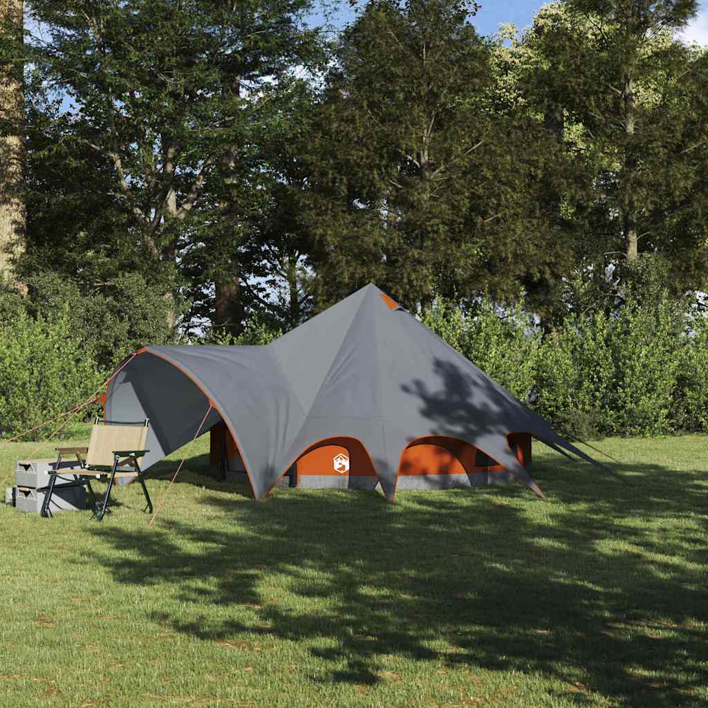 Grijze en oranje vidaXL Teepee Tent voor drie personen, opgesteld in een groene omgeving.