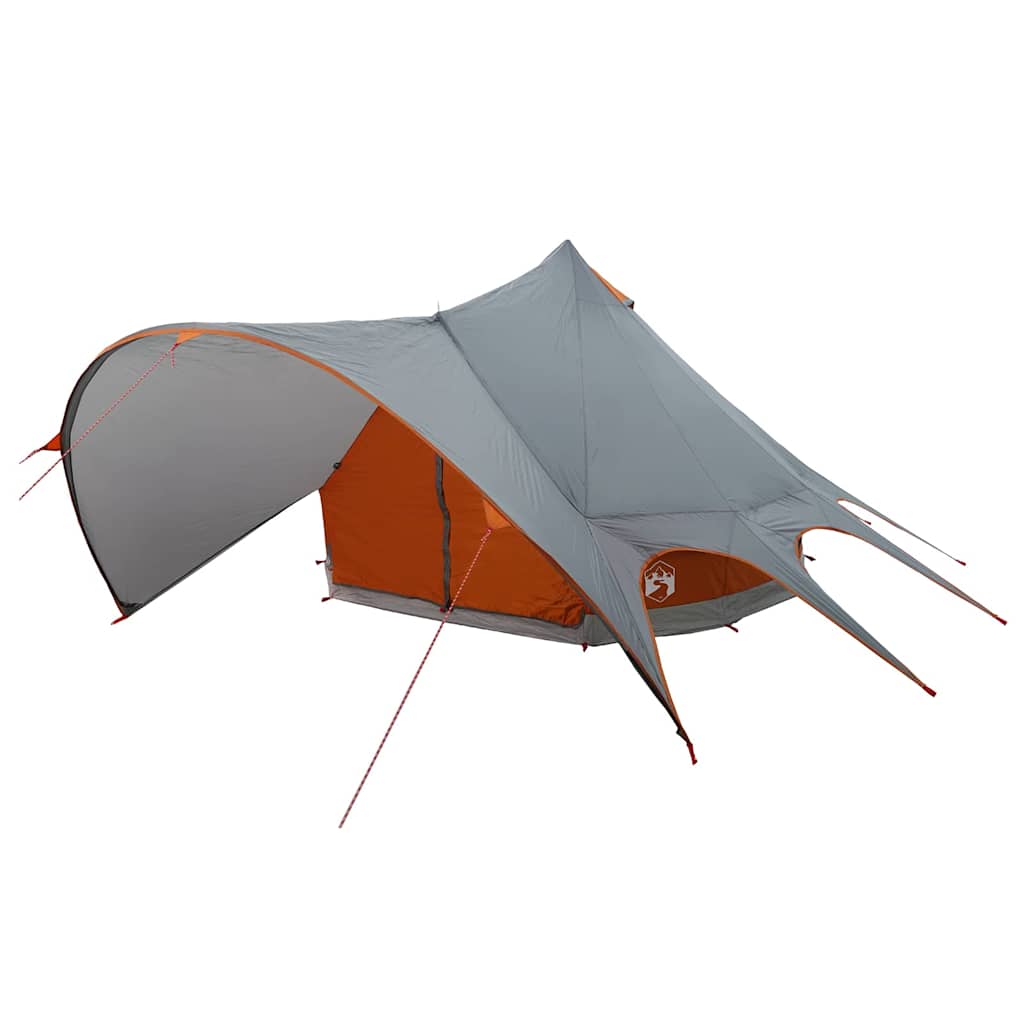 Detail van de vidaXL Teepee Tent in grijs en oranje, met een uitklapbare luifel.