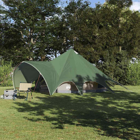 vidaXL Teepee Tent 5-Person in groen en grijs, opgesteld in een groene omgeving.