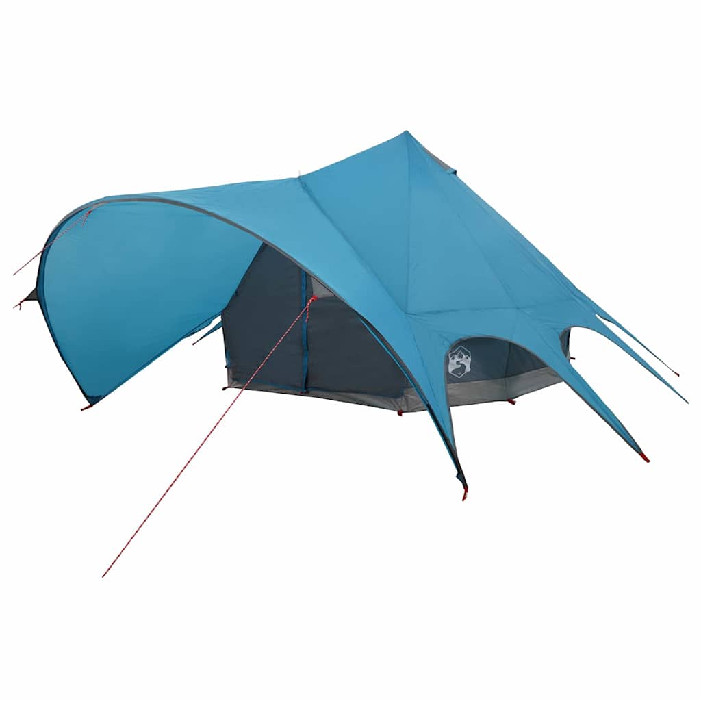 Detail van de vidaXL Teepee Tent in blauw en grijs, zijaanzicht met ingangen en tentstokken.