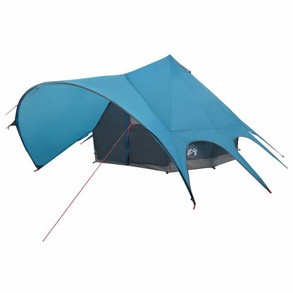 Detail van de vidaXL Teepee Tent in blauw en grijs, zijaanzicht met ingangen en tentstokken.