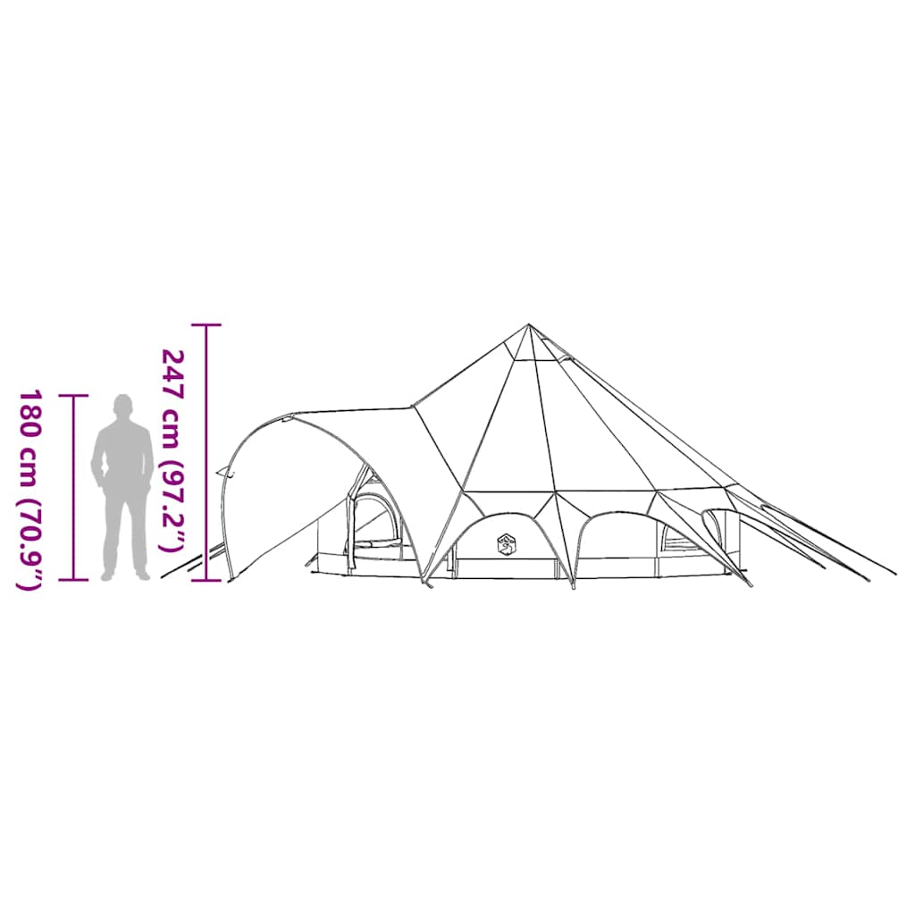 Zijaanzicht van de vidaXL Teepee Tent met afmetingen en ingang, waterdicht en geschikt voor vijf personen.