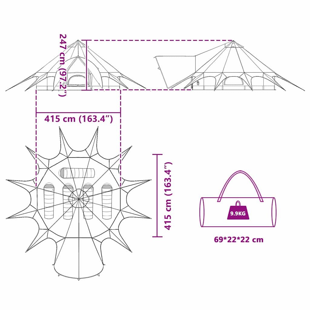 Detailtekening van de vidaXL Teepee Tent met afmetingen en draagtas.