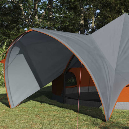 Detail van de grijze en oranje vidaXL Teepee Tent met een gebogen dak.