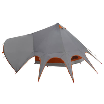Detail van de vidaXL Teepee Tent in grijs en oranje, met opvallende hoeken en ventilatieopeningen.