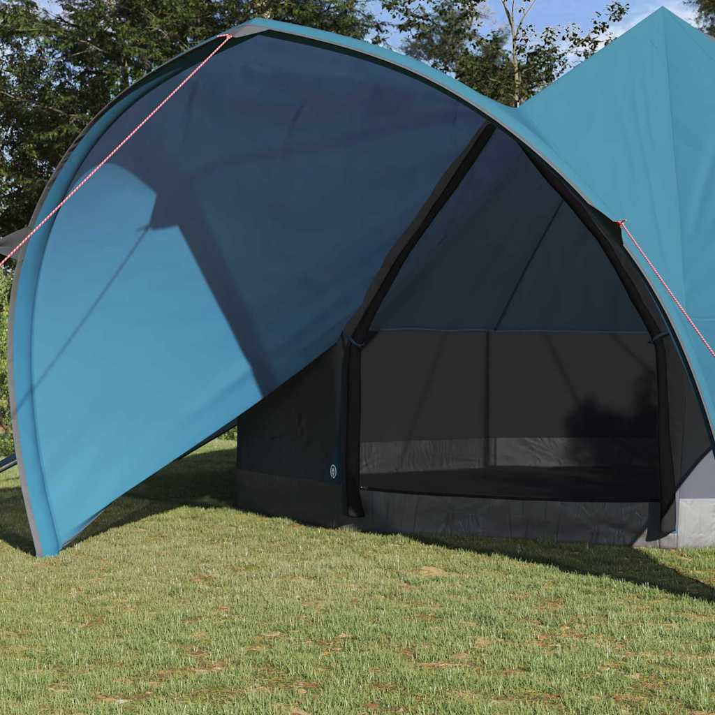Detail van de blauwe vidaXL Teepee Tent met open zijwand en schaduwrijke ingang.