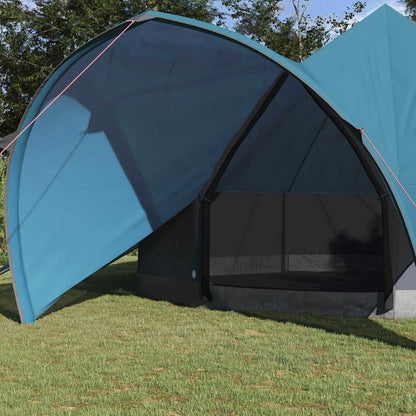 Detail van de blauwe vidaXL Teepee Tent met open zijwand en schaduwrijke ingang.