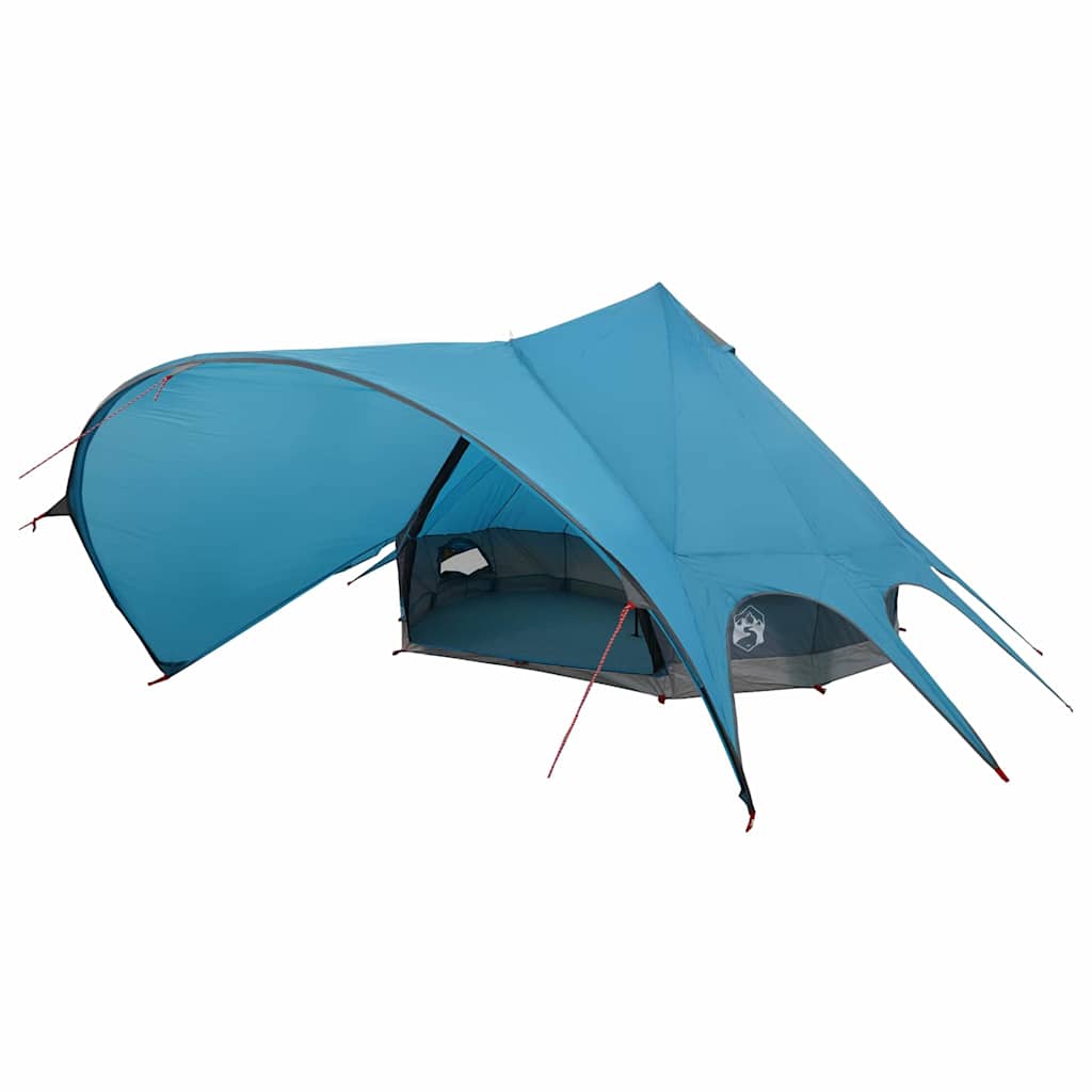 Detail van de vidaXL Teepee Tent in blauw en grijs, met uitgestrekte luifel.