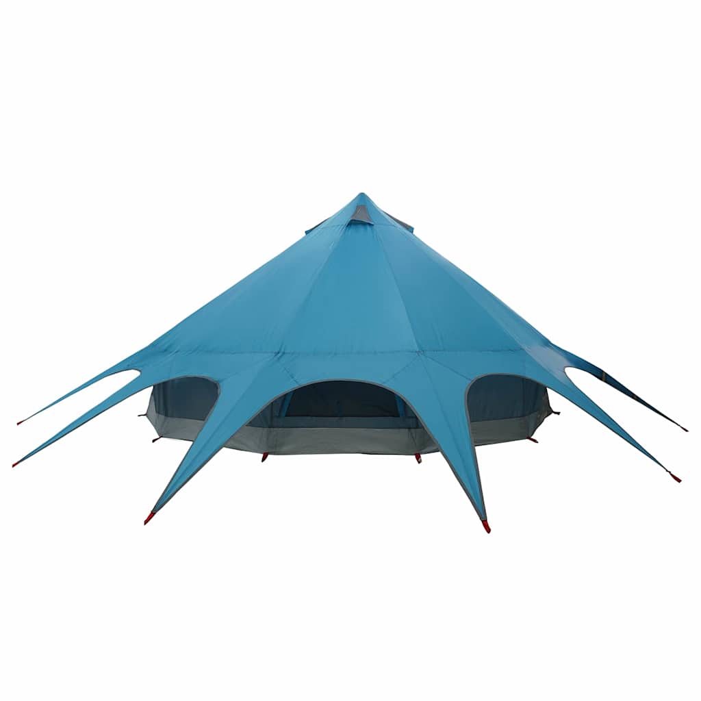 Zijaanzicht van de vidaXL Teepee Tent in blauw met grijze details en uitstaande tentlijnen.